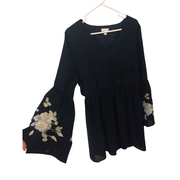 Charming Charlie Embroidered Bell Slve. Dress Navy w. White Florals Romantic L - Picture 2 of 9